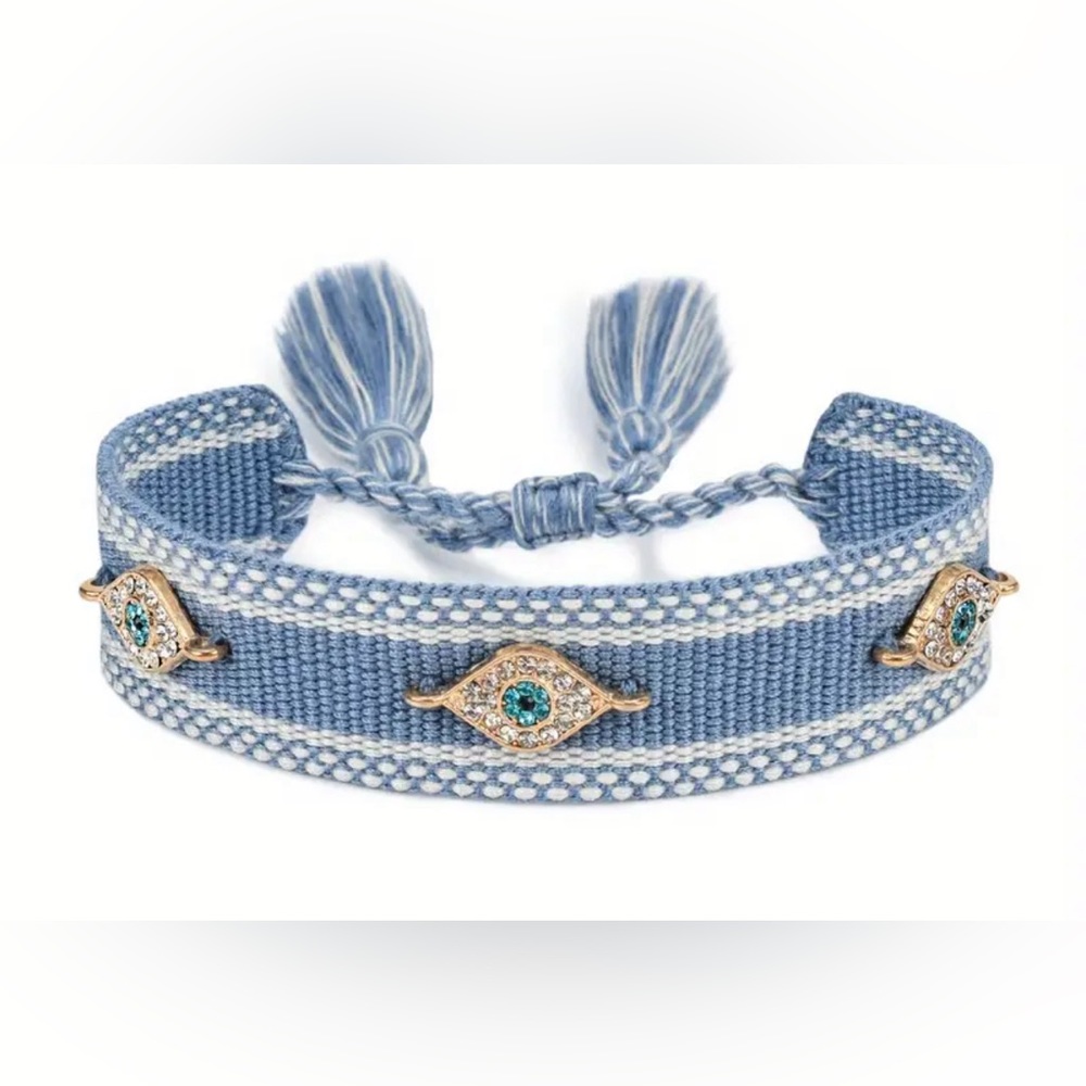 Woven Friendship EvilEye Fabric Adjustable Braided Bracelet Rhinestone